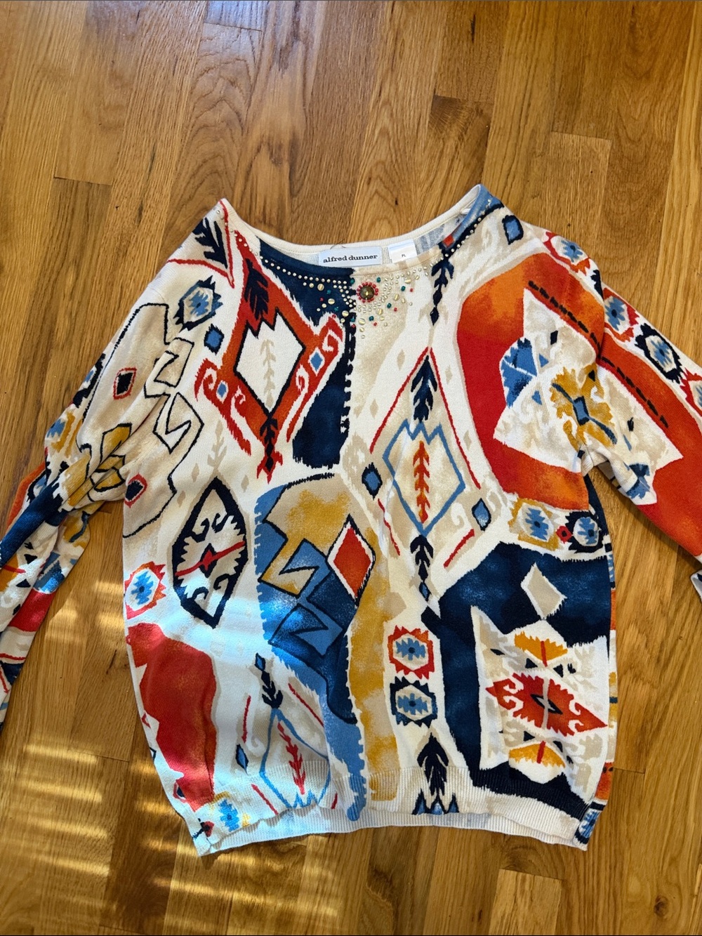 Alfred Dunner Multicolor Geometric Print Sweater - Red, Navy, Gold, White